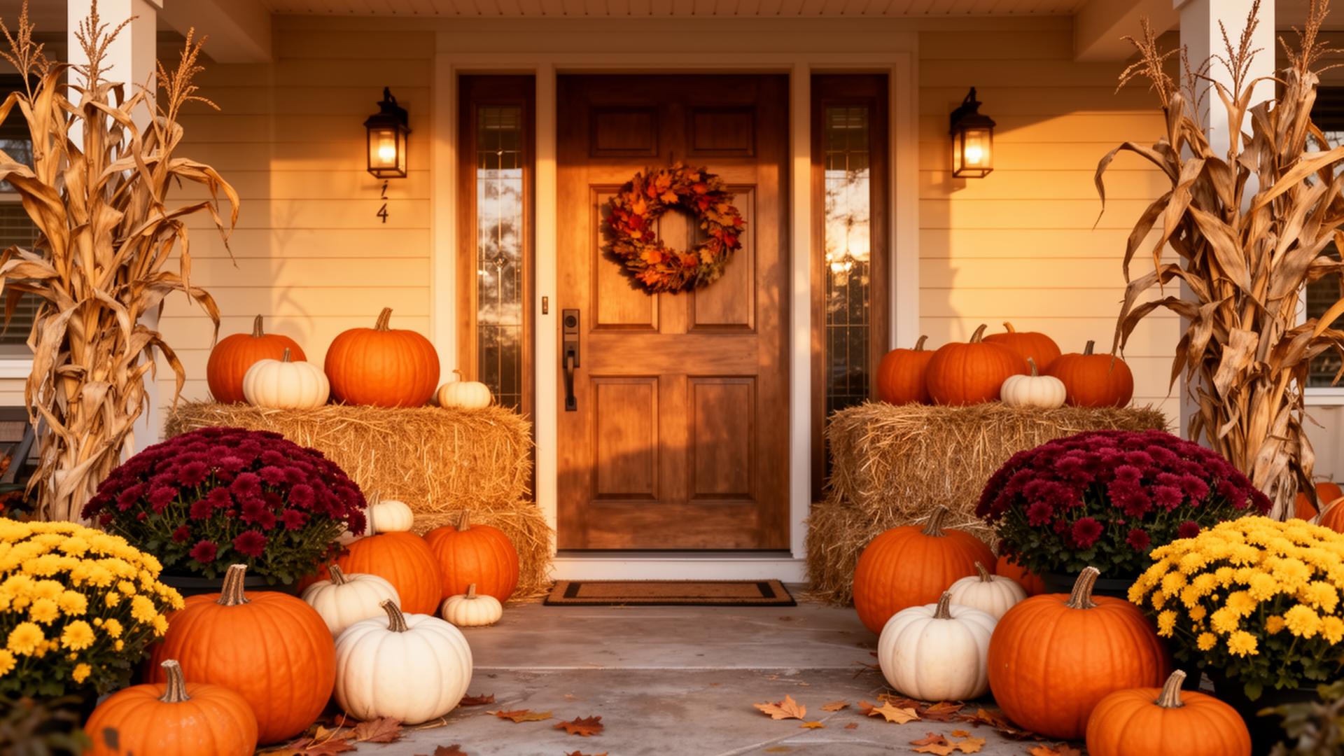 A beautifully decorated porch with seasonal flowers and accents